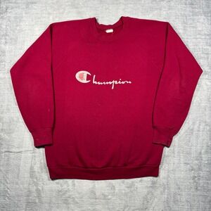 Champion Sweatshirt Mens Medium Red Wine Vintage 90s Script Logo Distressed